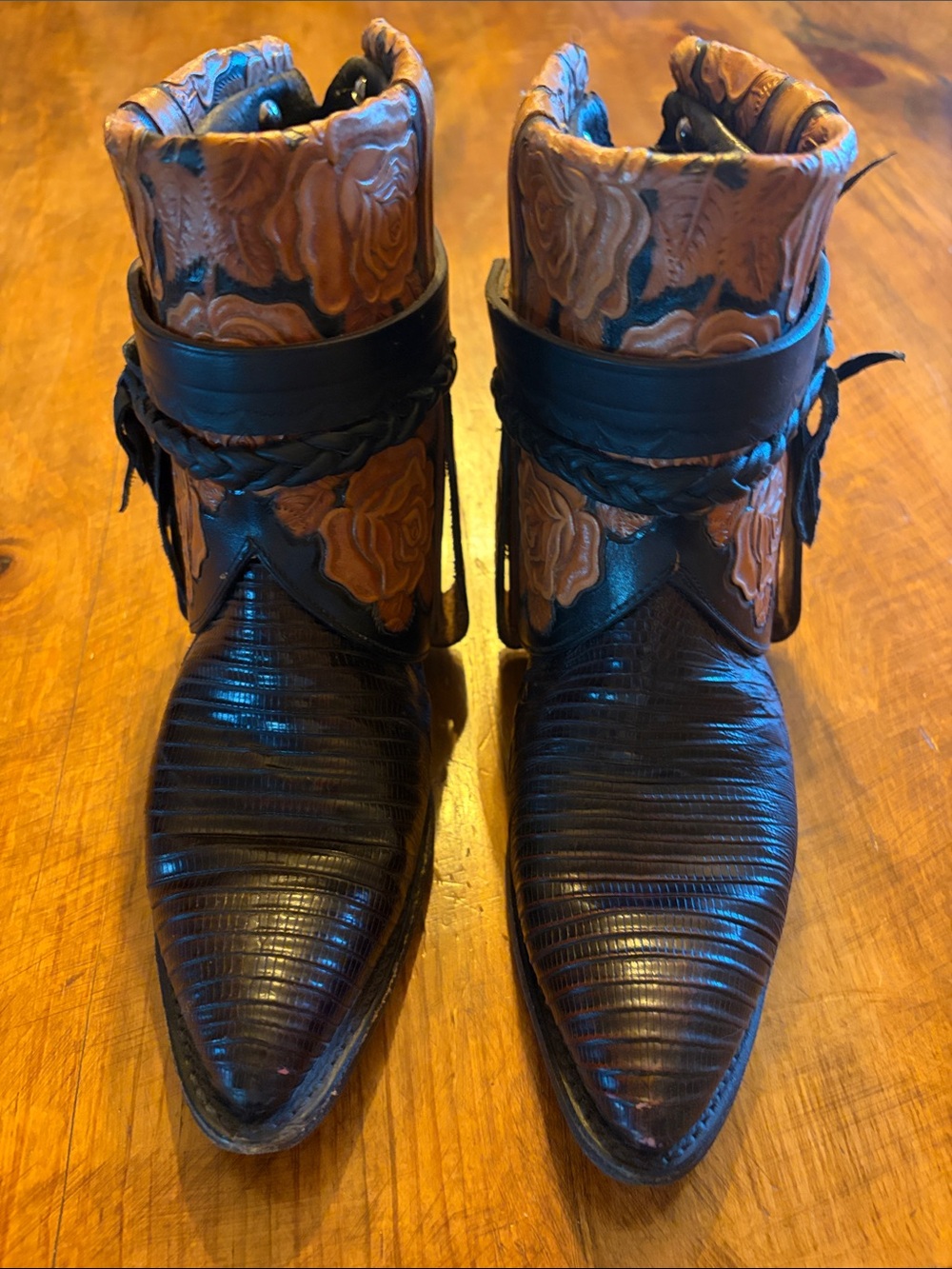 Black Leather Western Ankle Boots with Tan Floral Appliqué - Picture 3 of 5